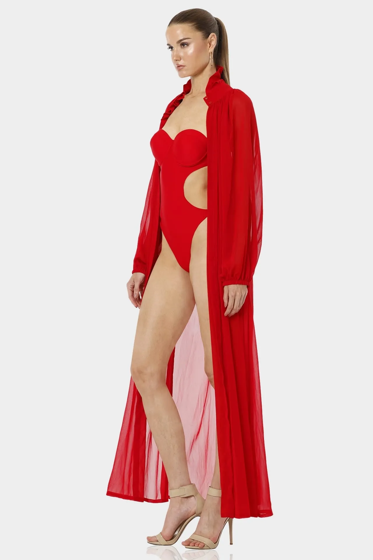 Kamini Red Sexy Strapless Designer Swimsuit With Long Cover Up