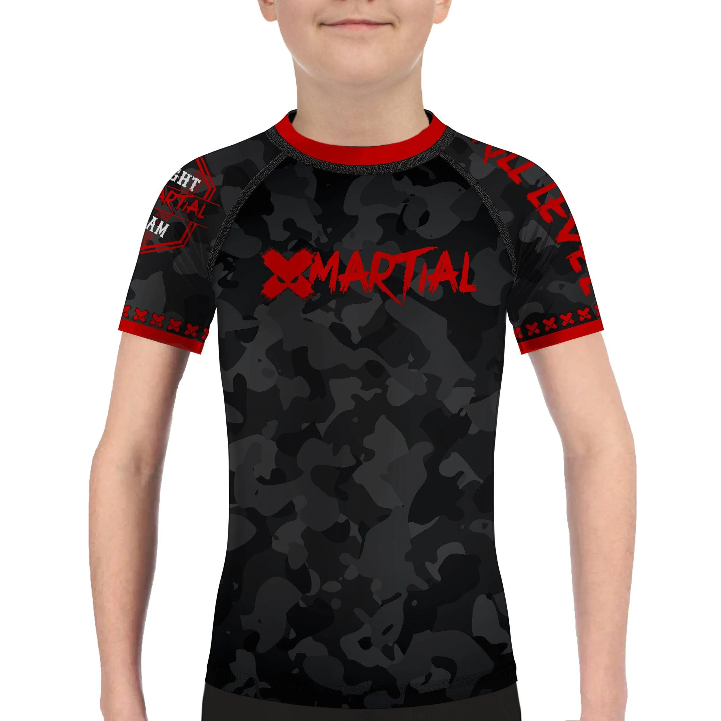 Kids BJJ Rash Guard Black Camo Fight Team X-Tech 25 Series