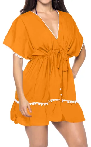 La Leela Beach Swimwear Rayon Designer White Pom Pom Lace Tunic Cover Up Orange