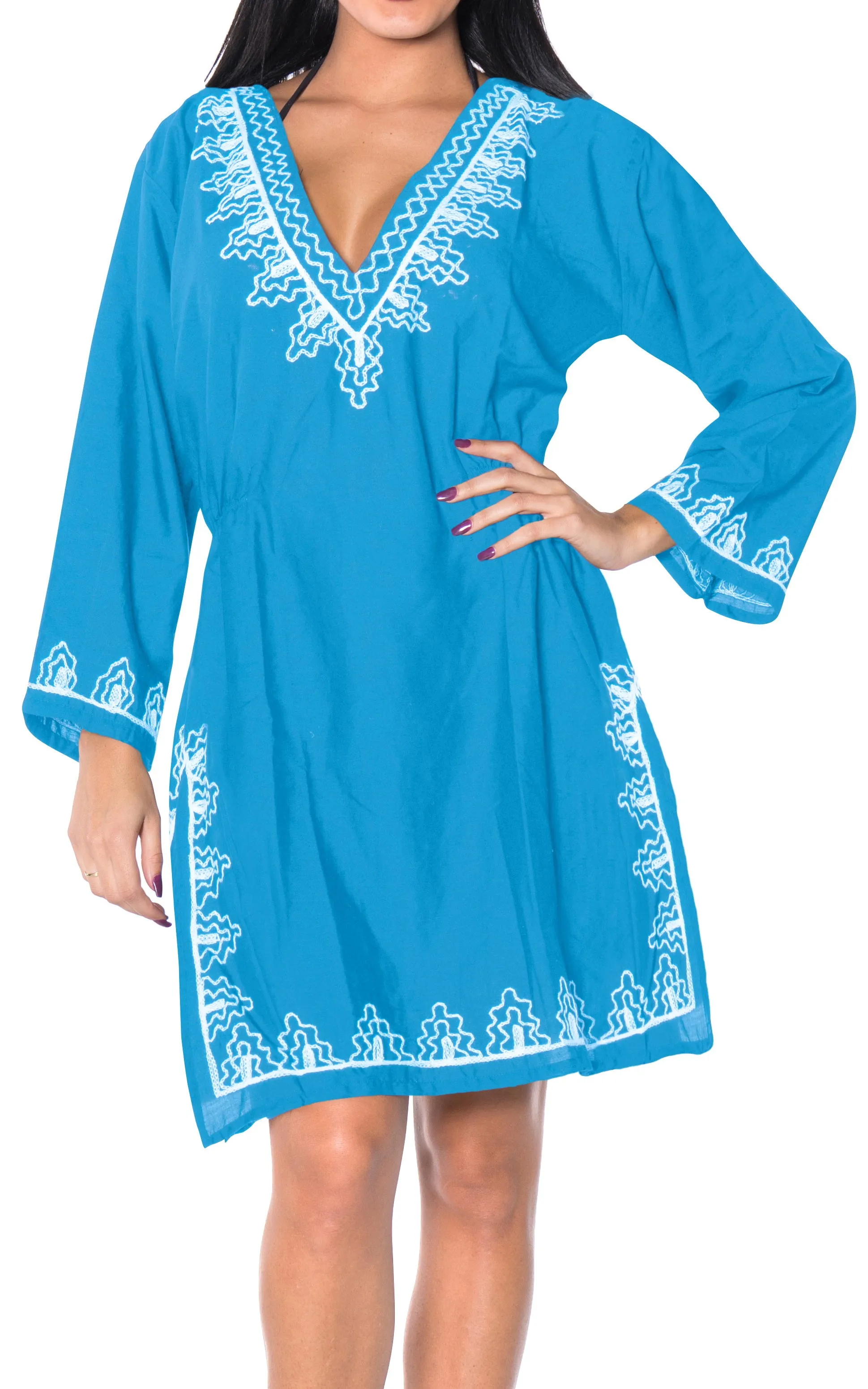 La Leela Embroidered RAYON SWIMSUIT Beach Cover up Tunic Bikini Dress Blue