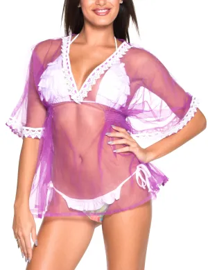 La Leela Net Border Plain Transparent Deep V Neck Beach Cover up Bright Violet