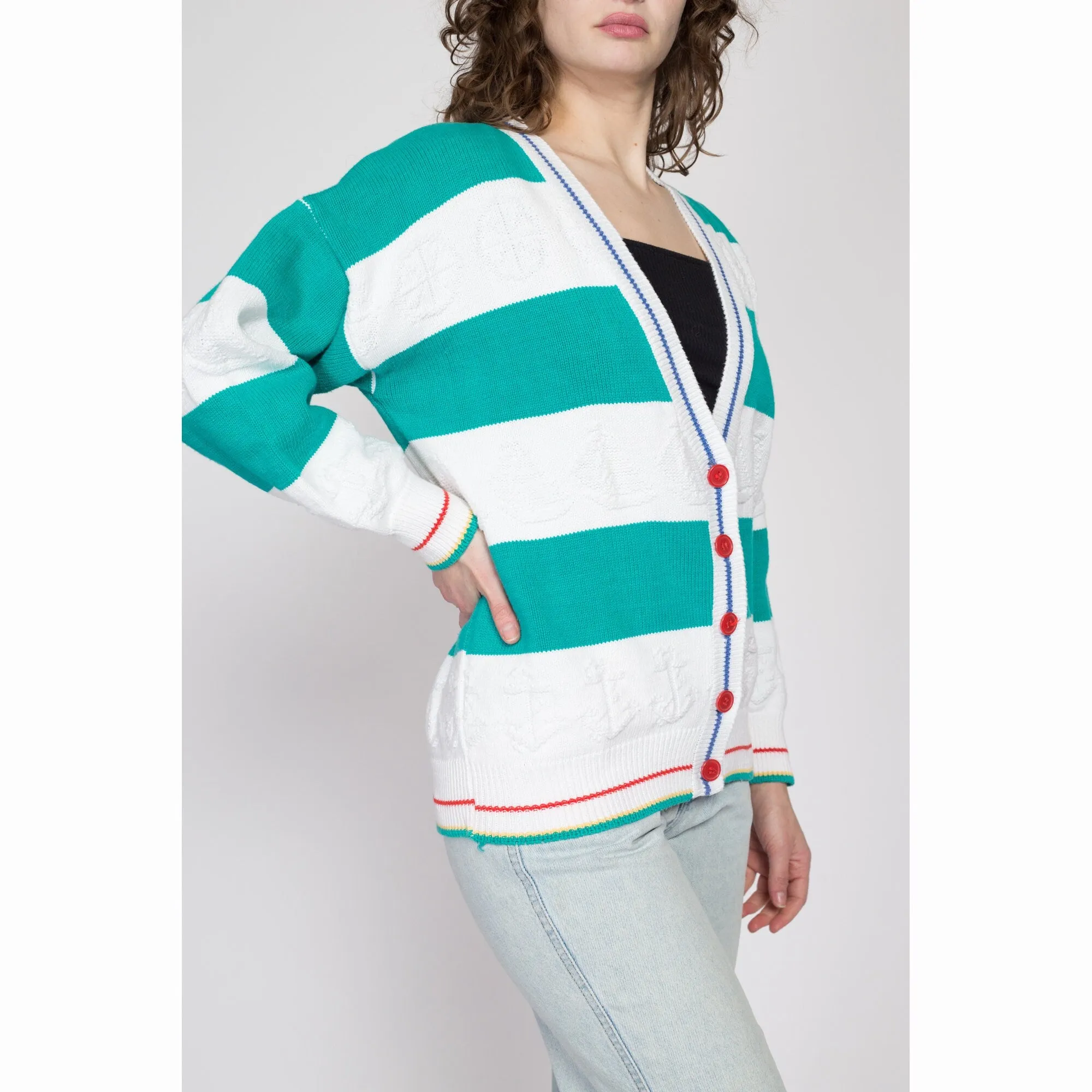 Large 80s Nautical Teal & White Striped Cardigan