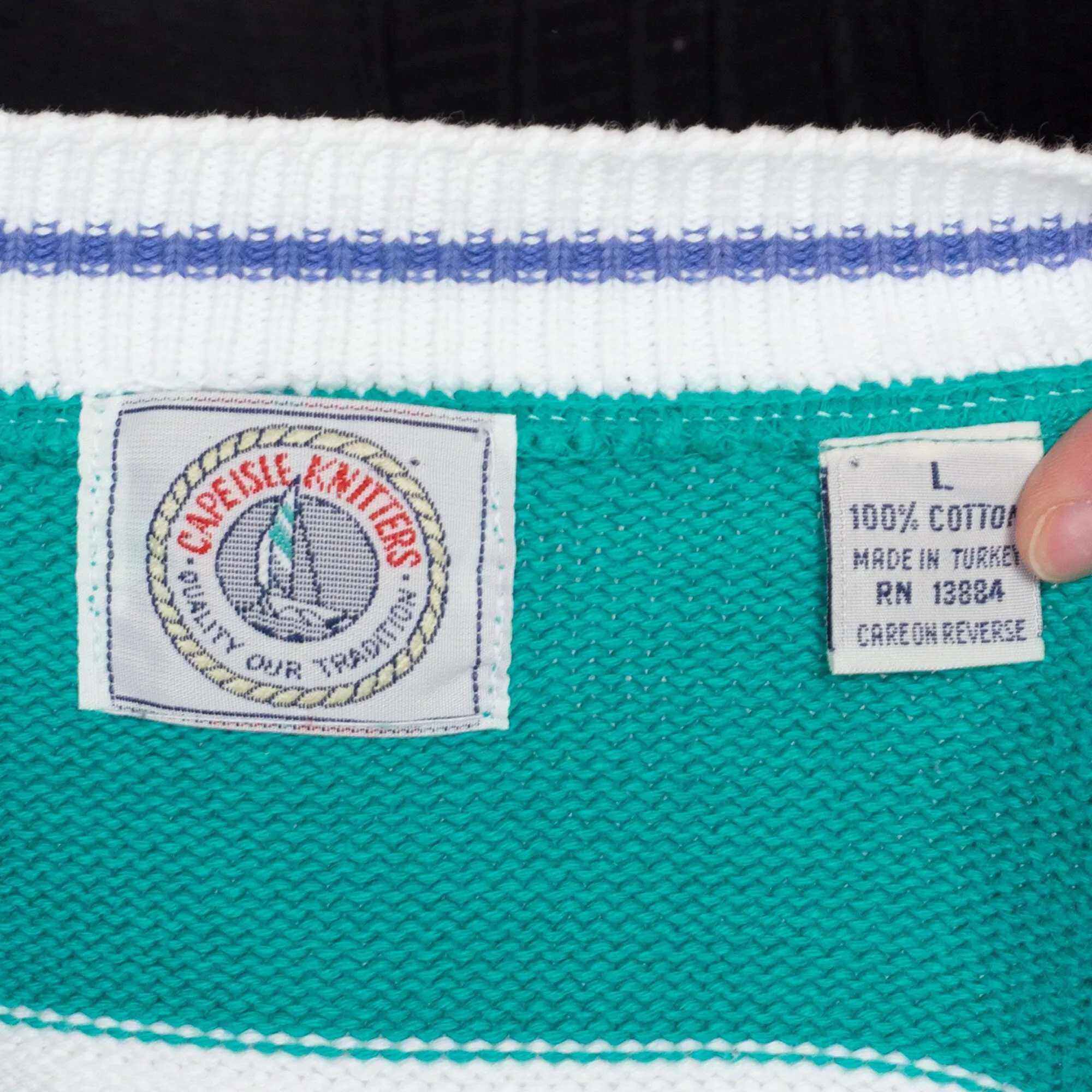 Large 80s Nautical Teal & White Striped Cardigan