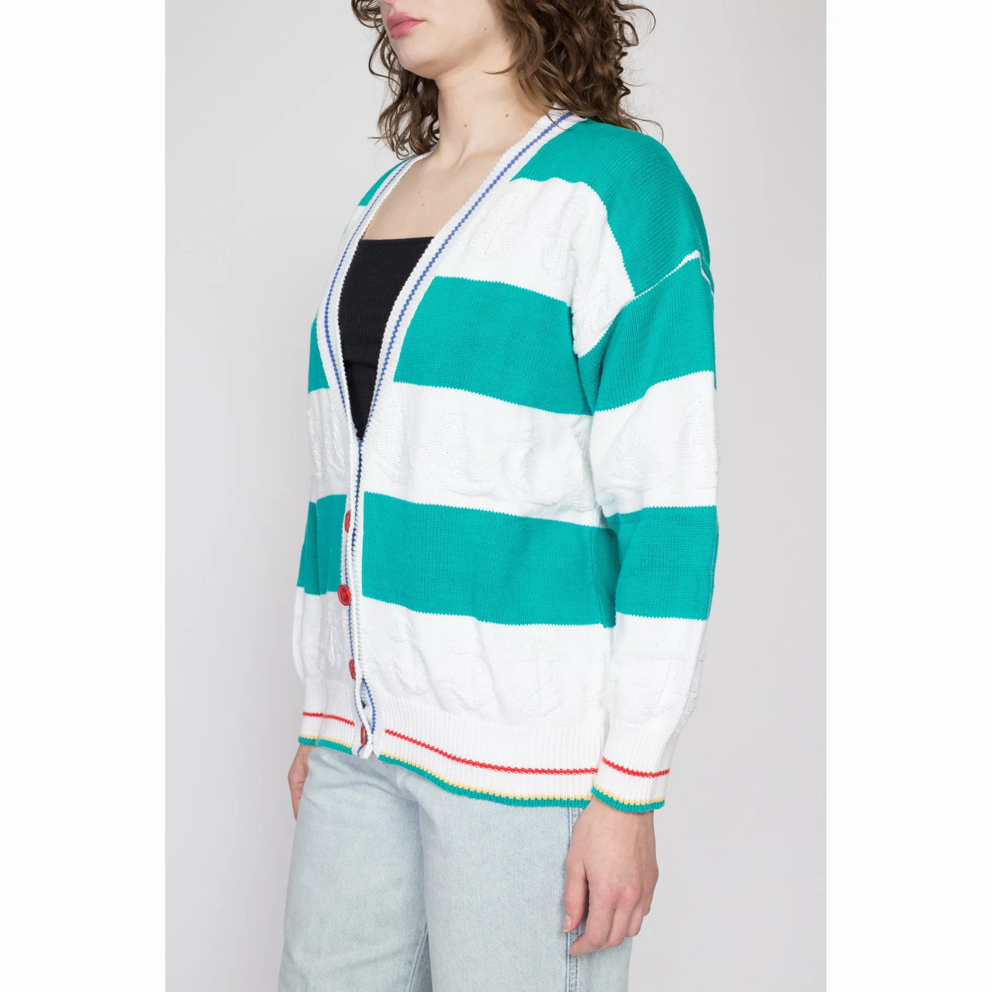 Large 80s Nautical Teal & White Striped Cardigan