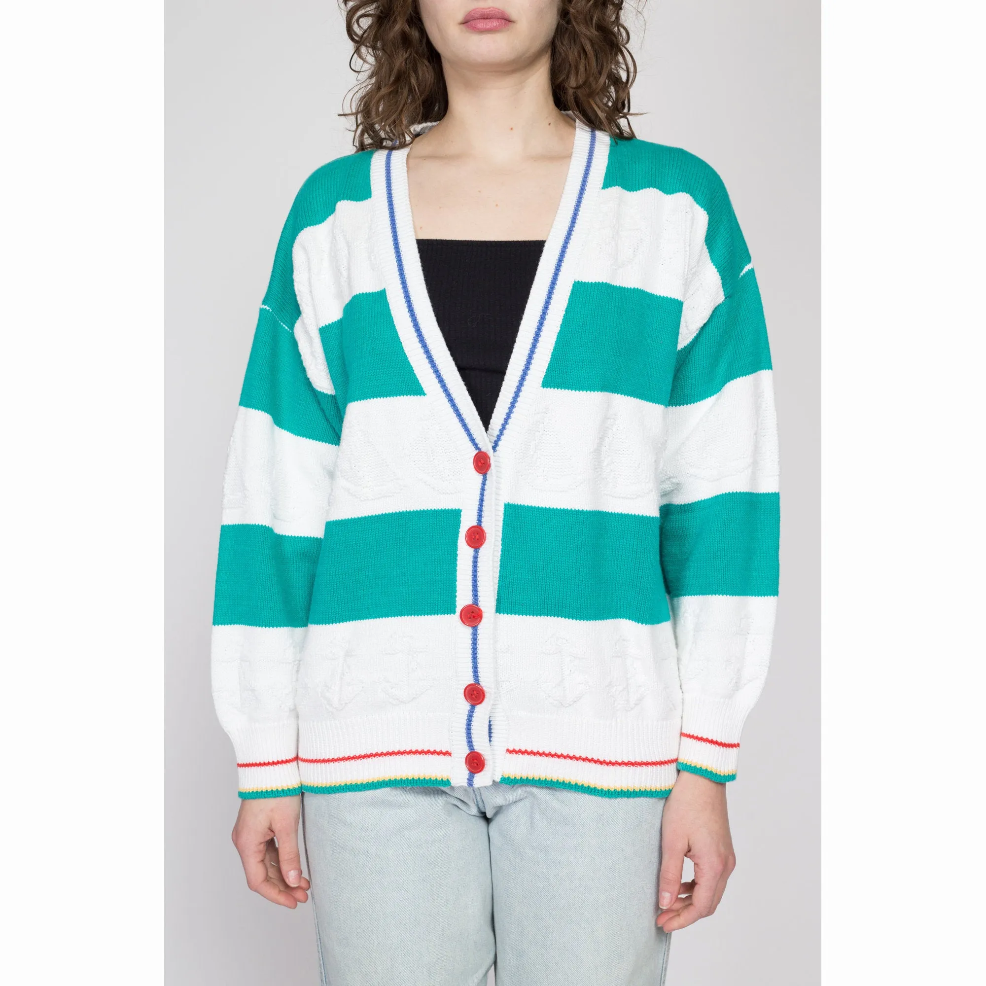 Large 80s Nautical Teal & White Striped Cardigan