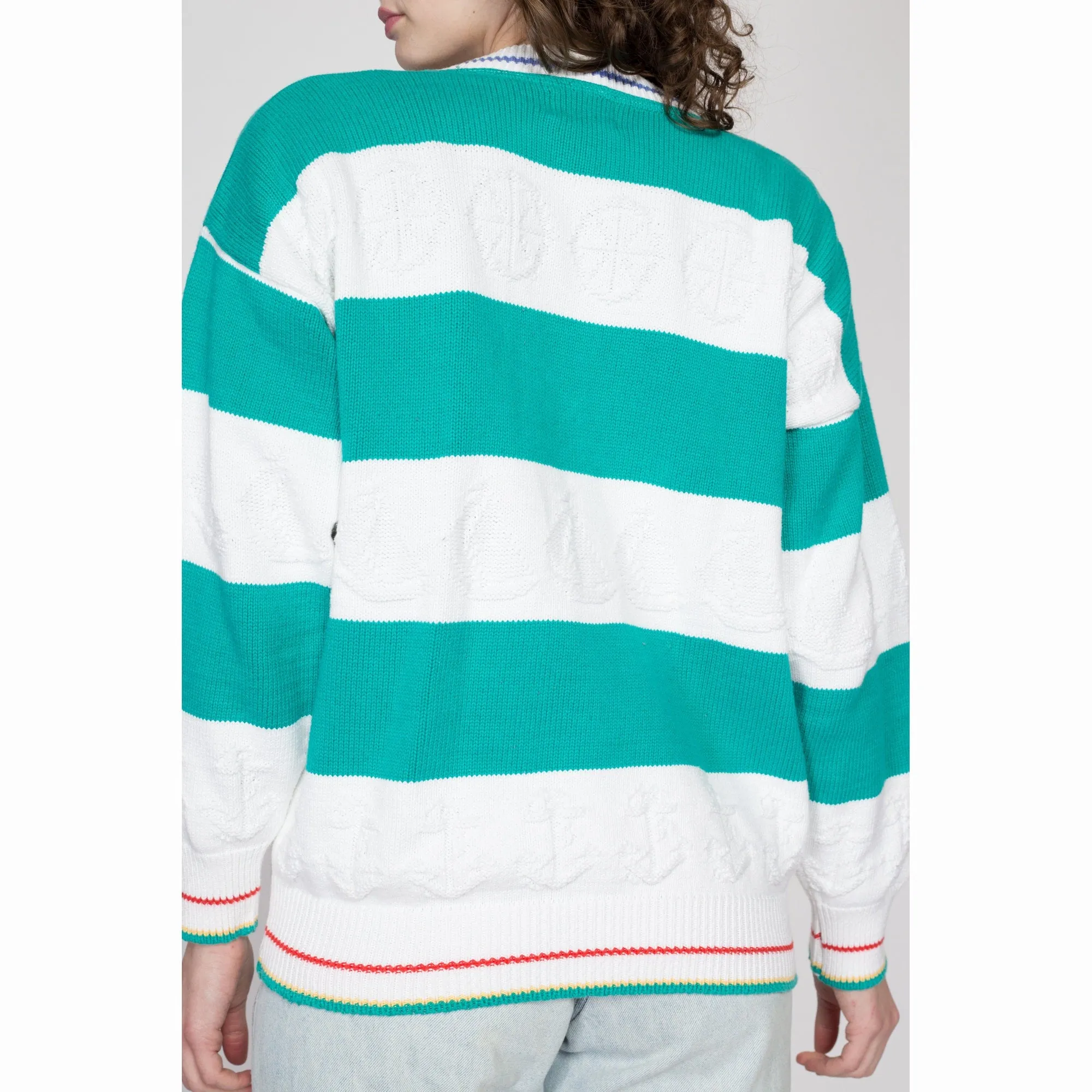 Large 80s Nautical Teal & White Striped Cardigan