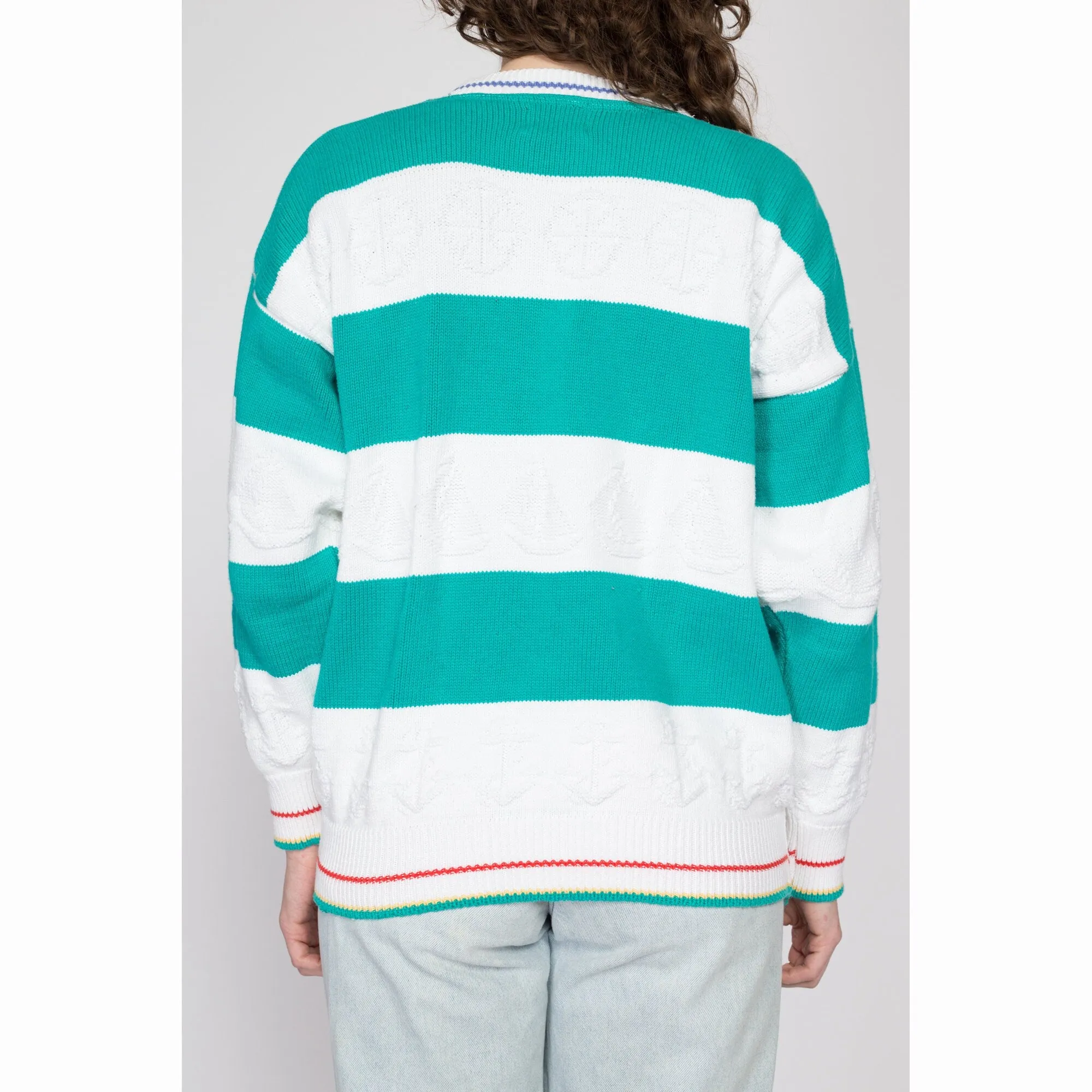 Large 80s Nautical Teal & White Striped Cardigan