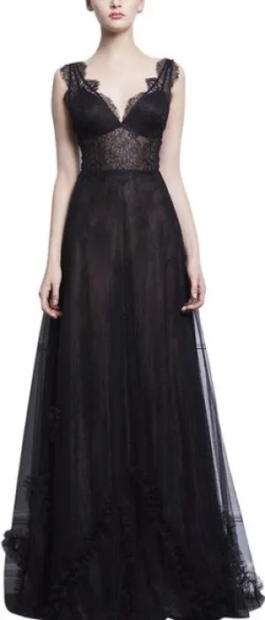 Long Black Ruffle and Lace Trim Sleeveless Gown *Limited Stock*