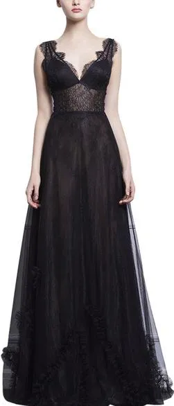 Long Black Ruffle and Lace Trim Sleeveless Gown *Limited Stock*