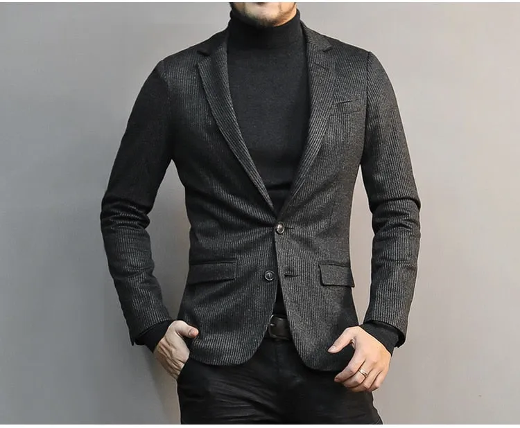 Men's Autumn/Winter Woolen Slim Striped Business Blazer