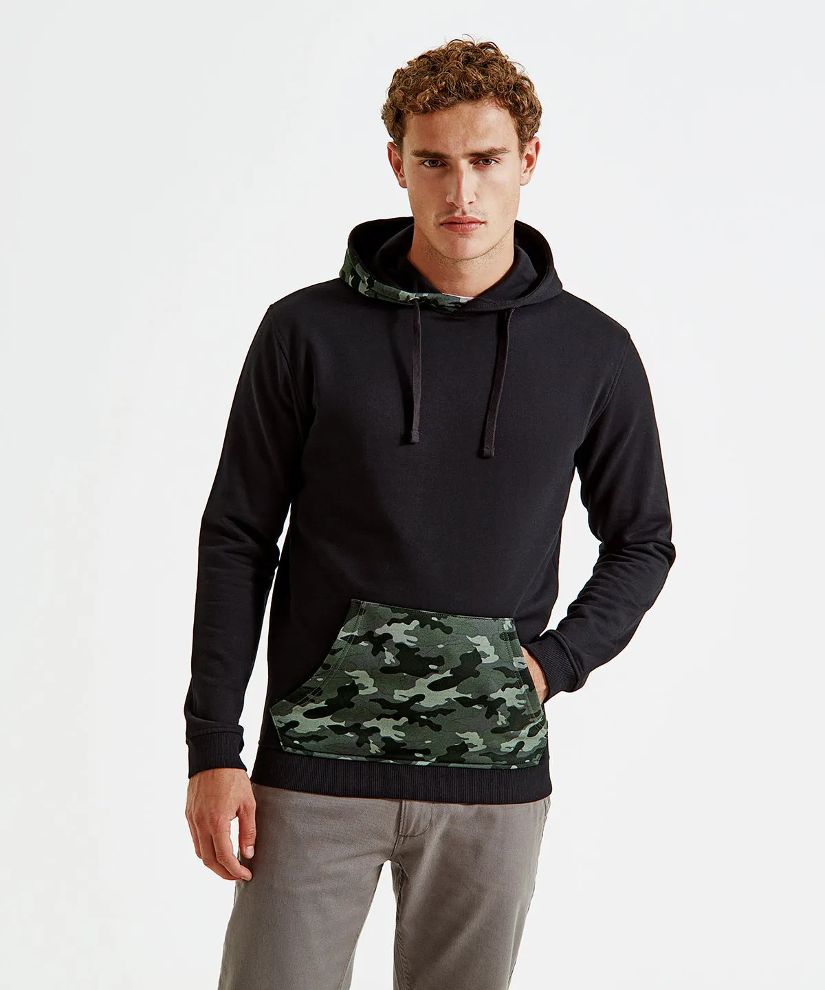 Mens camo trimmed hoodie | Black/Grey Camo