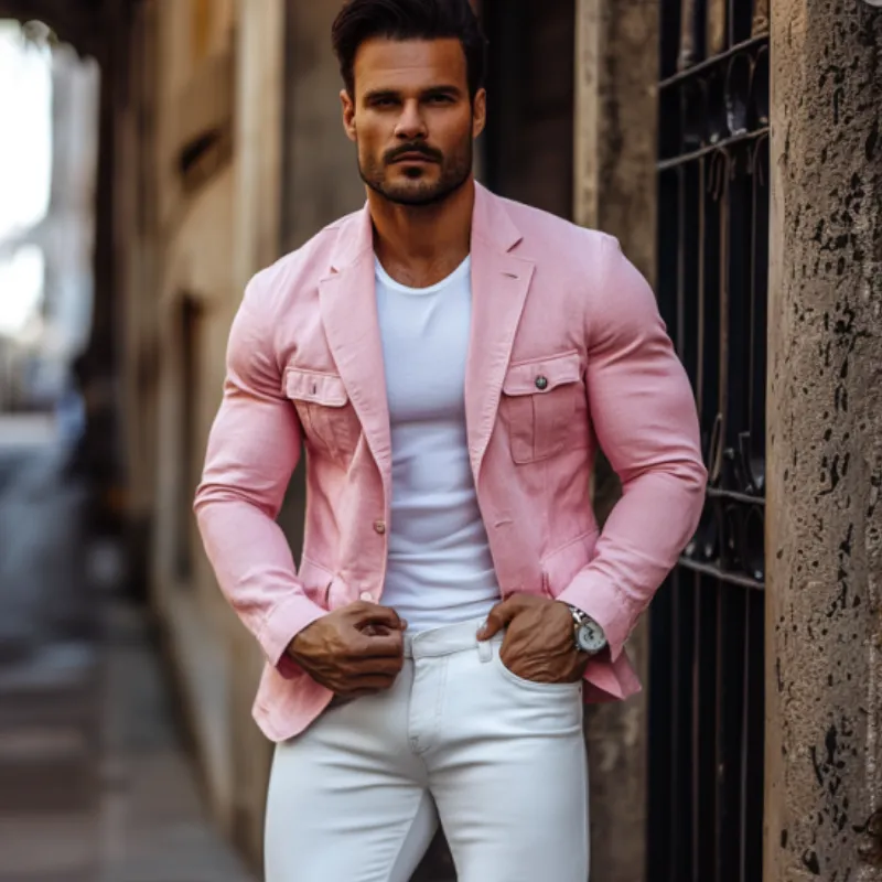 Men's Fashion Cotton and Linen Single Button Lapel Safari Jacket Blazer 06068311Y