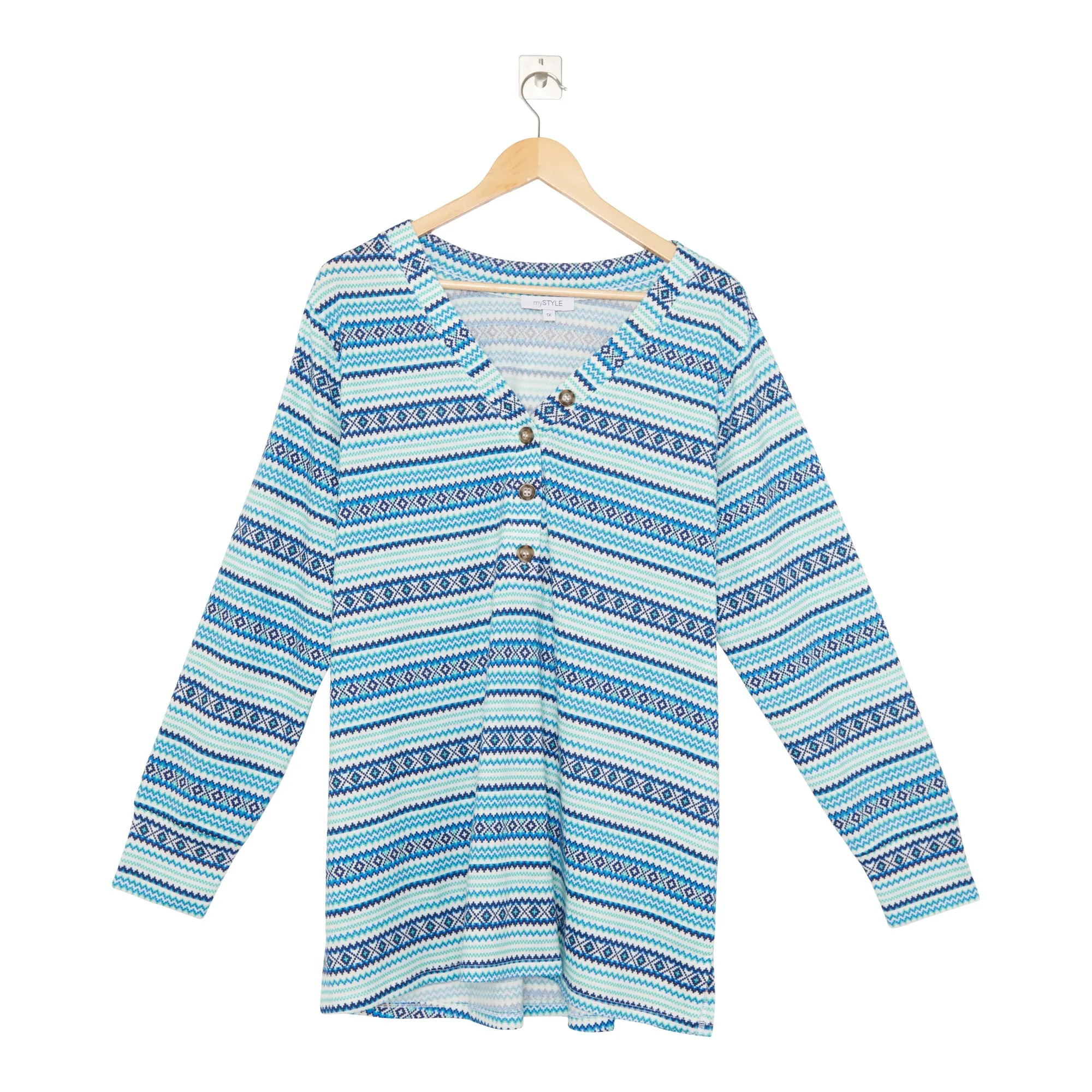 mySTYLE Women's Plus Fair Isle Brushed Henley T-Shirt