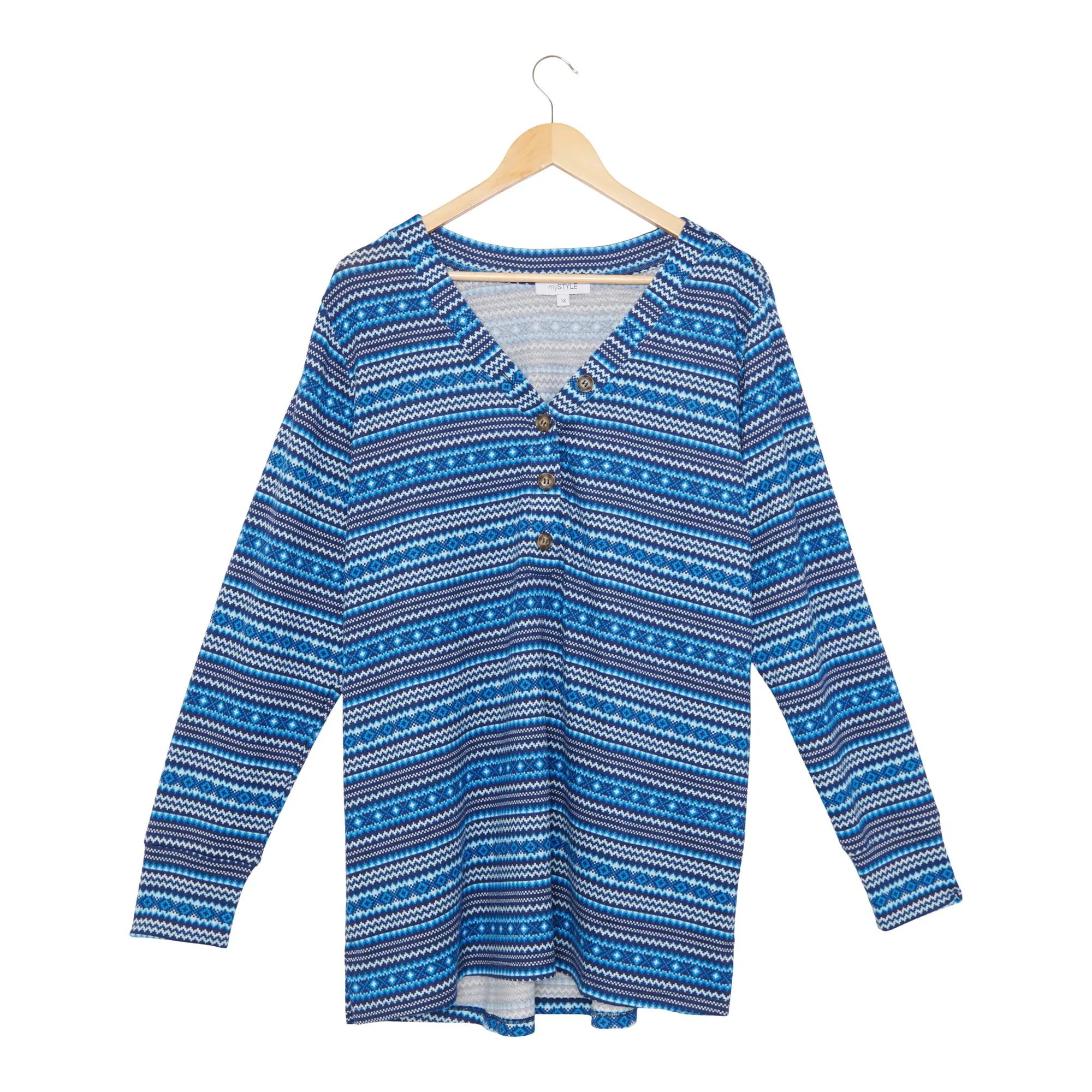 mySTYLE Women's Plus Fair Isle Brushed Henley T-Shirt