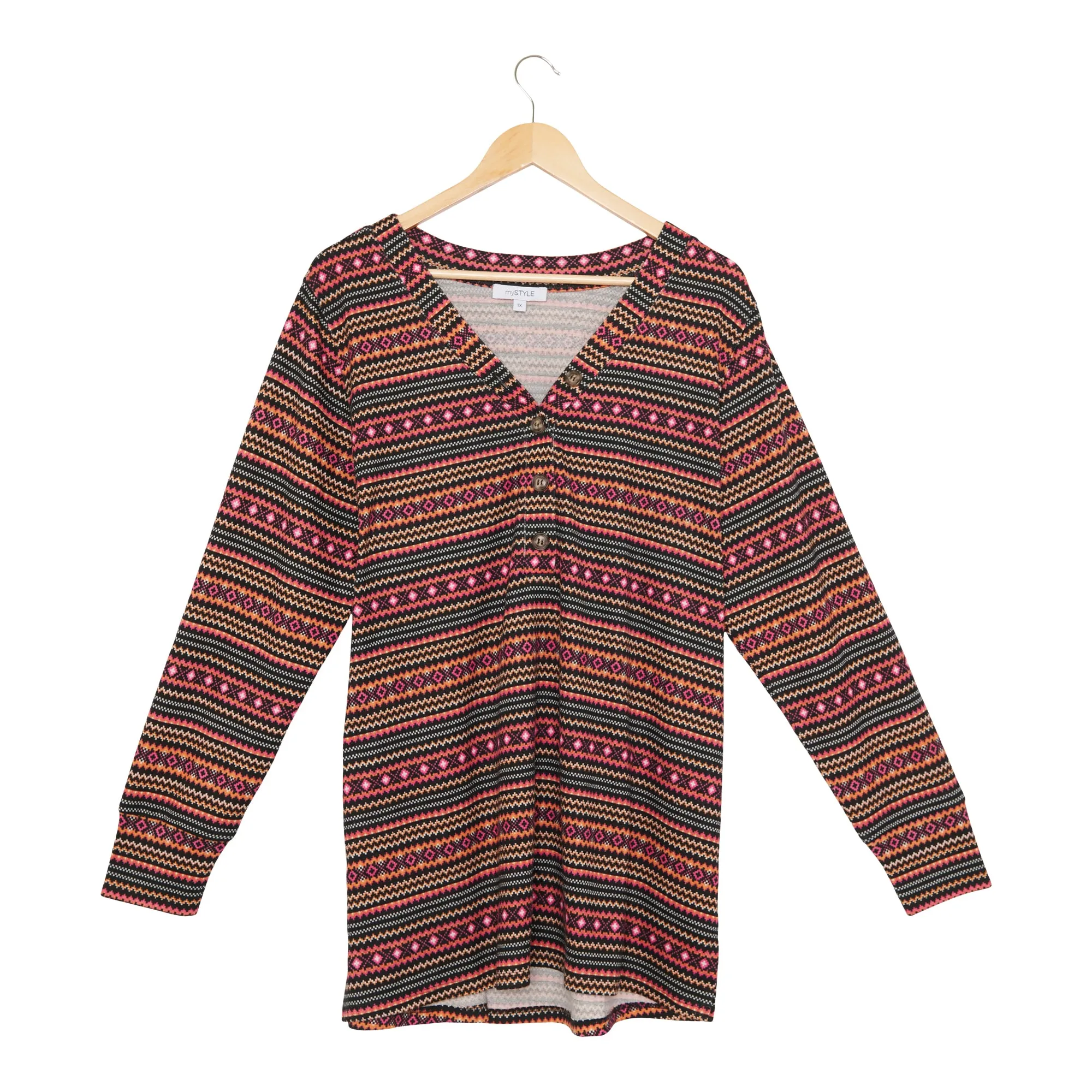 mySTYLE Women's Plus Fair Isle Brushed Henley T-Shirt