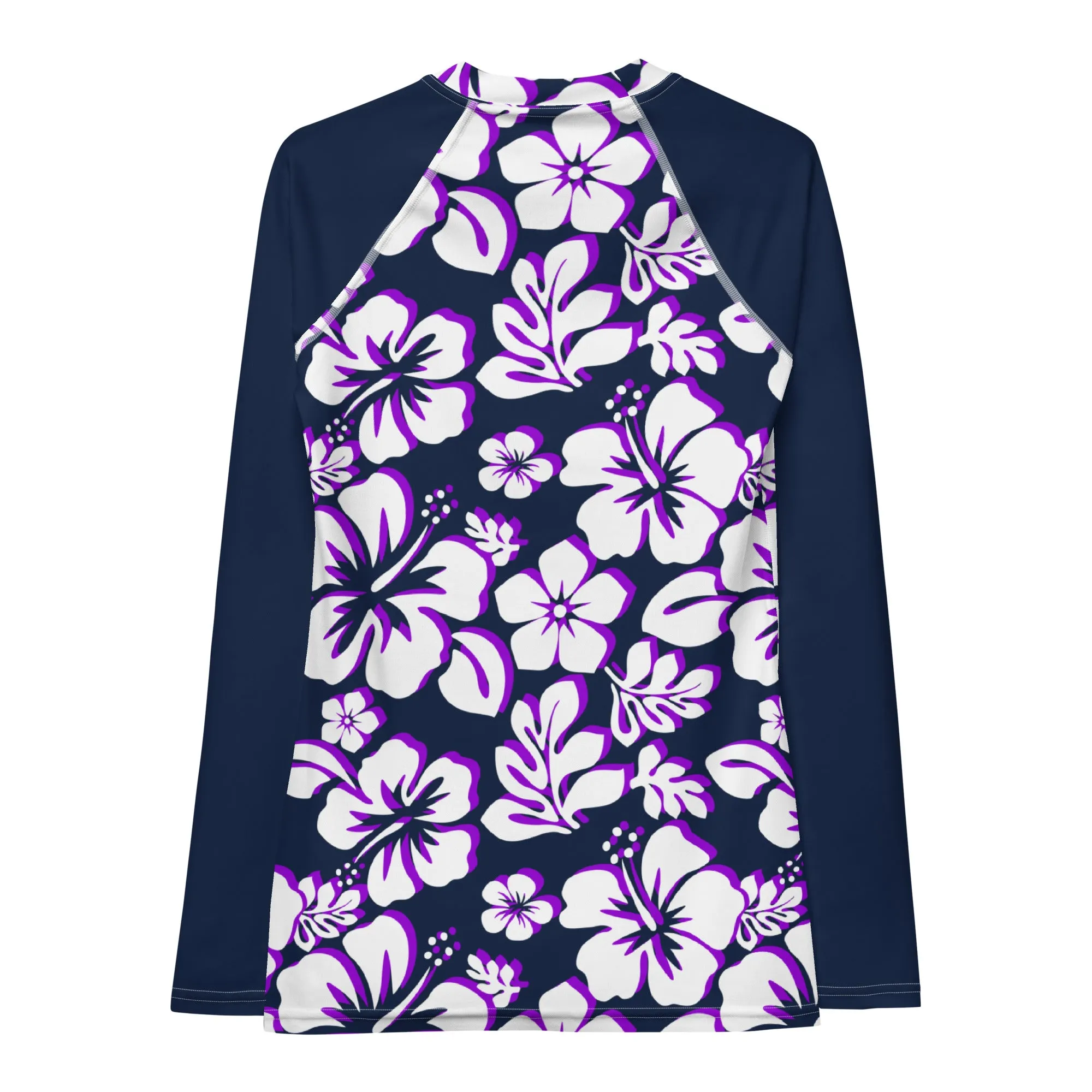 Navy Blue, Purple and White Hawaiian Print Women's Rash Guard with Navy Blue Sleeves