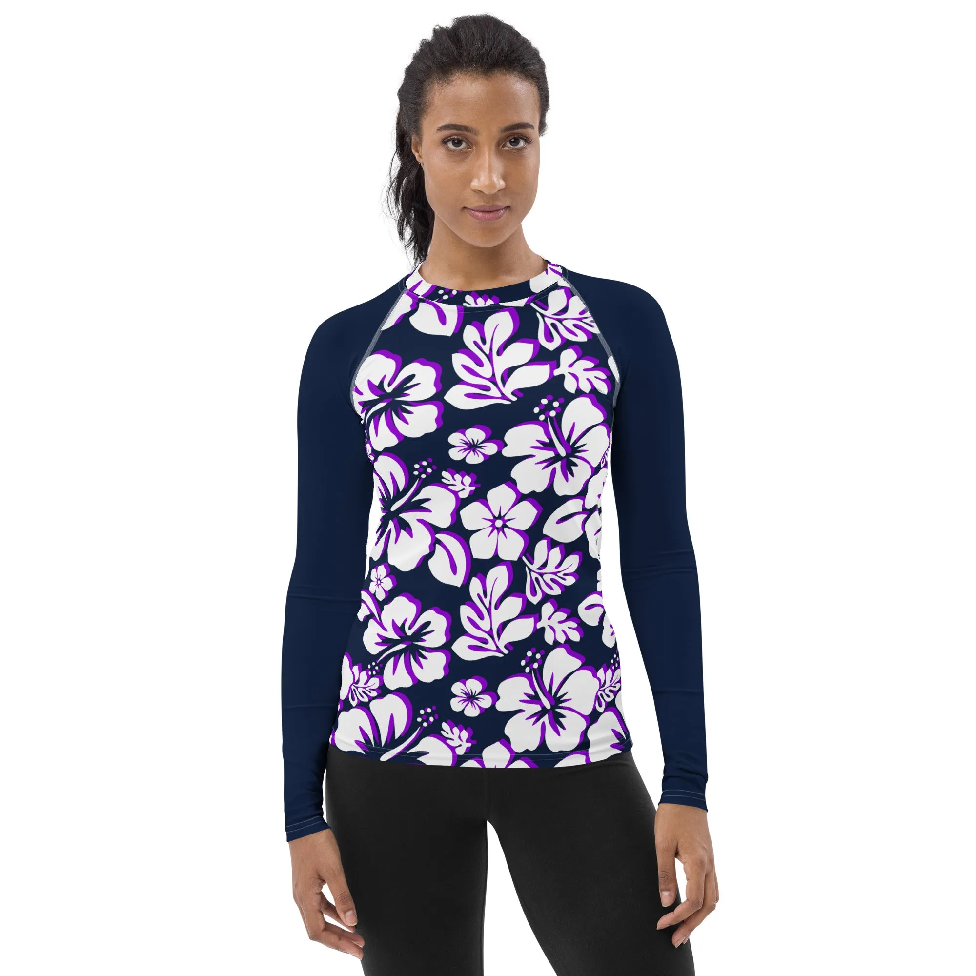 Navy Blue, Purple and White Hawaiian Print Women's Rash Guard with Navy Blue Sleeves