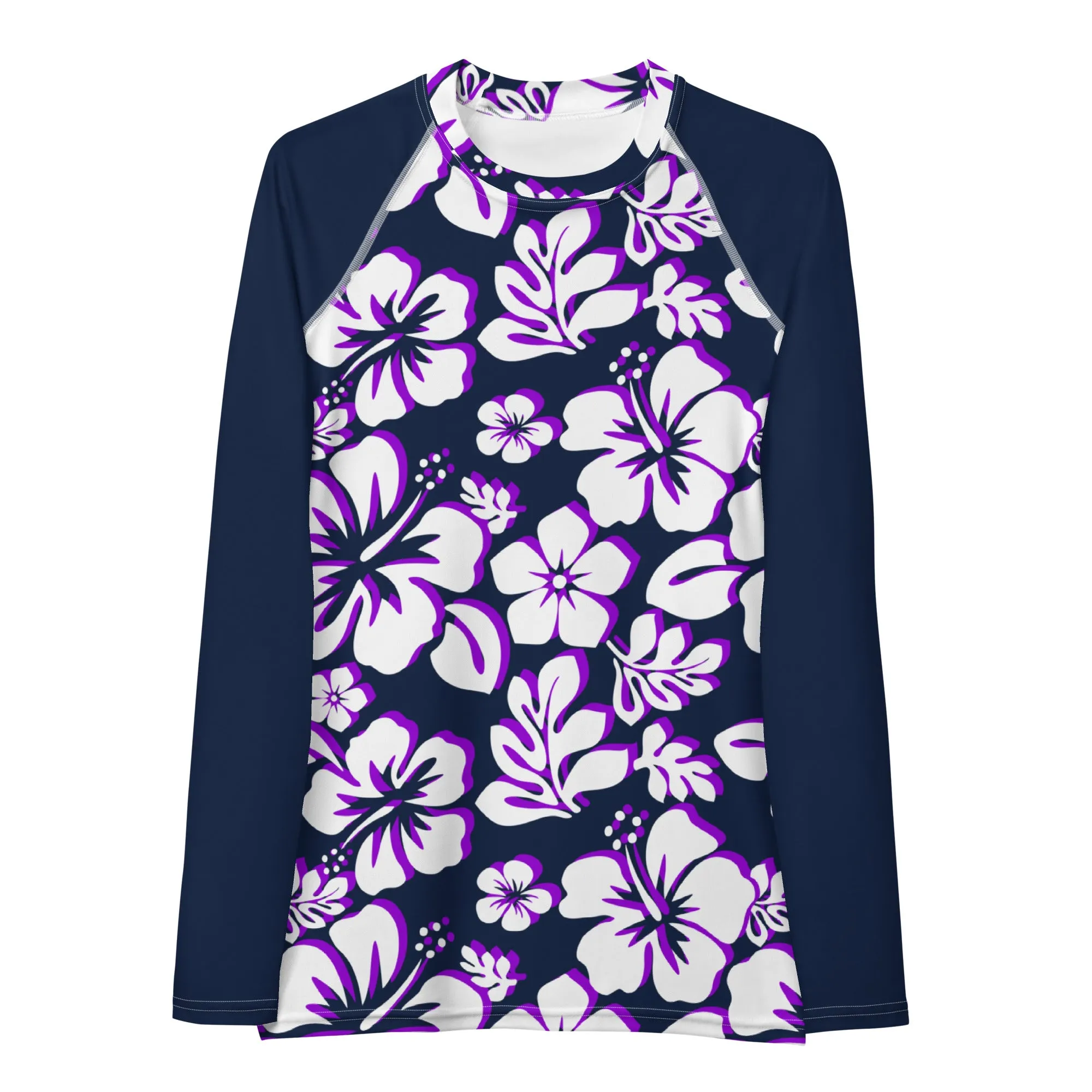 Navy Blue, Purple and White Hawaiian Print Women's Rash Guard with Navy Blue Sleeves