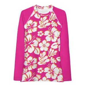 Orange, Hot Pink and White Hawaiian Print Women's Rash Guard with Hot Pink Sleeves