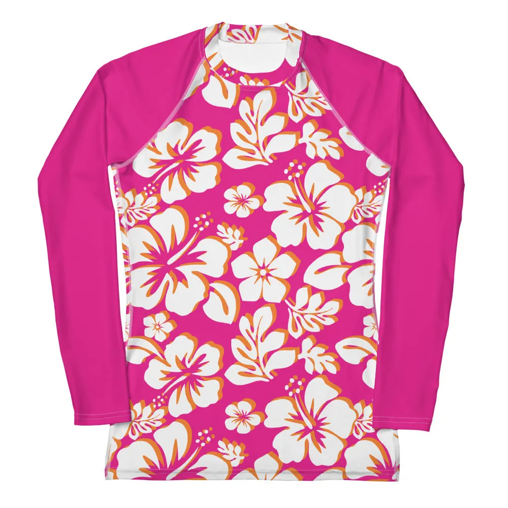 Orange, Hot Pink and White Hawaiian Print Women's Rash Guard with Hot Pink Sleeves