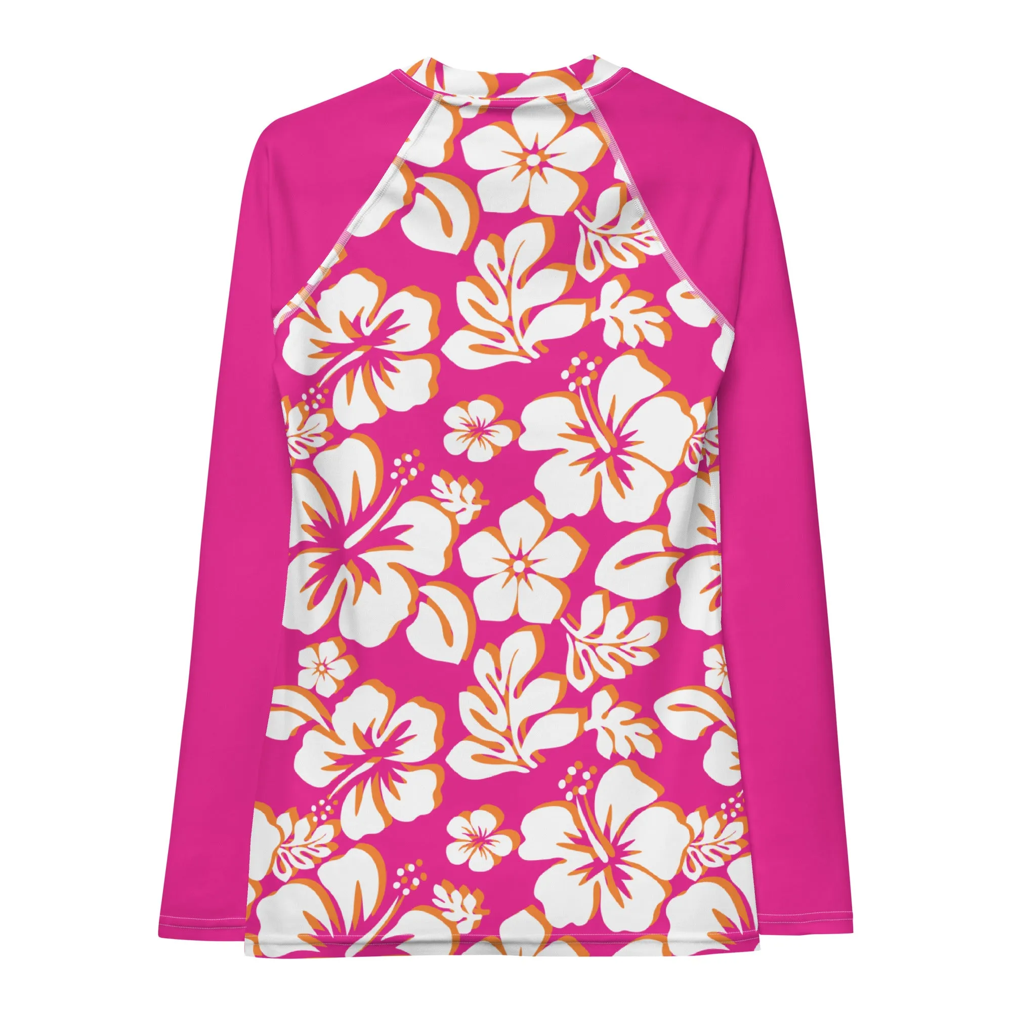 Orange, Hot Pink and White Hawaiian Print Women's Rash Guard with Hot Pink Sleeves