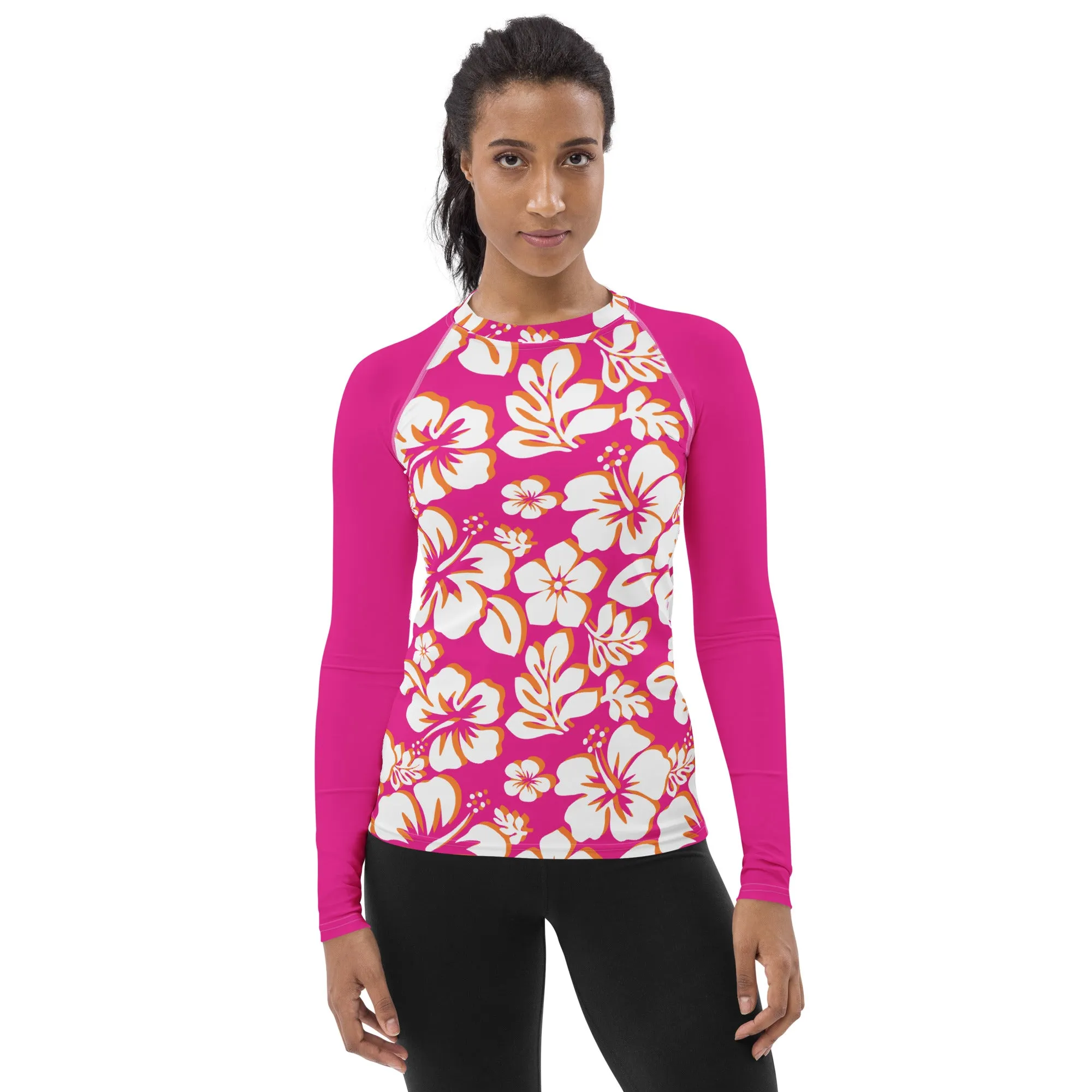 Orange, Hot Pink and White Hawaiian Print Women's Rash Guard with Hot Pink Sleeves