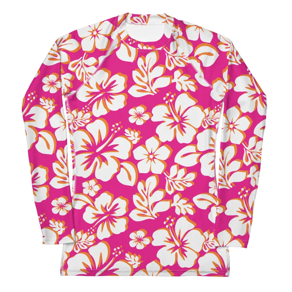 Orange, Hot Pink and White Hawaiian Print Women's Rash Guard