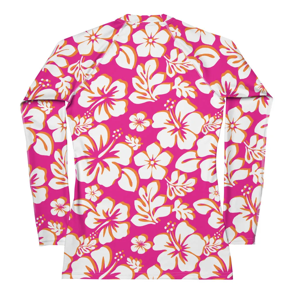 Orange, Hot Pink and White Hawaiian Print Women's Rash Guard