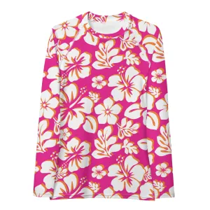 Orange, Hot Pink and White Hawaiian Print Women's Rash Guard