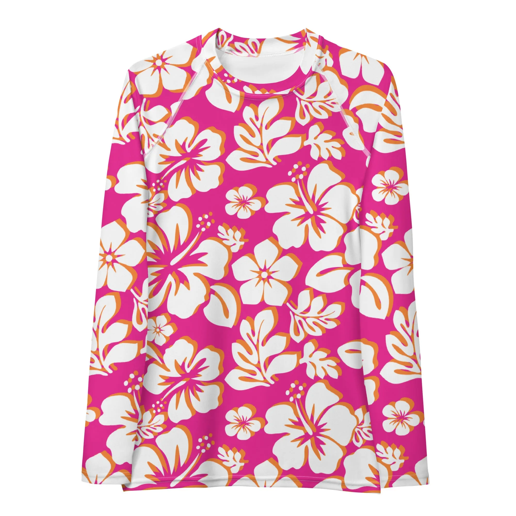 Orange, Hot Pink and White Hawaiian Print Women's Rash Guard