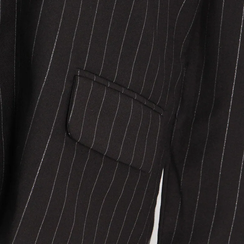 Oversized Crystal Embellished CutOut Single Breasted Lapel Collar Striped Blazer