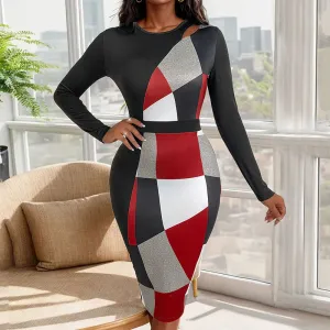 PEOPLETERRITORY New autumn slim temperament commuter dress geometric shape high waist long dress women's hip skirt