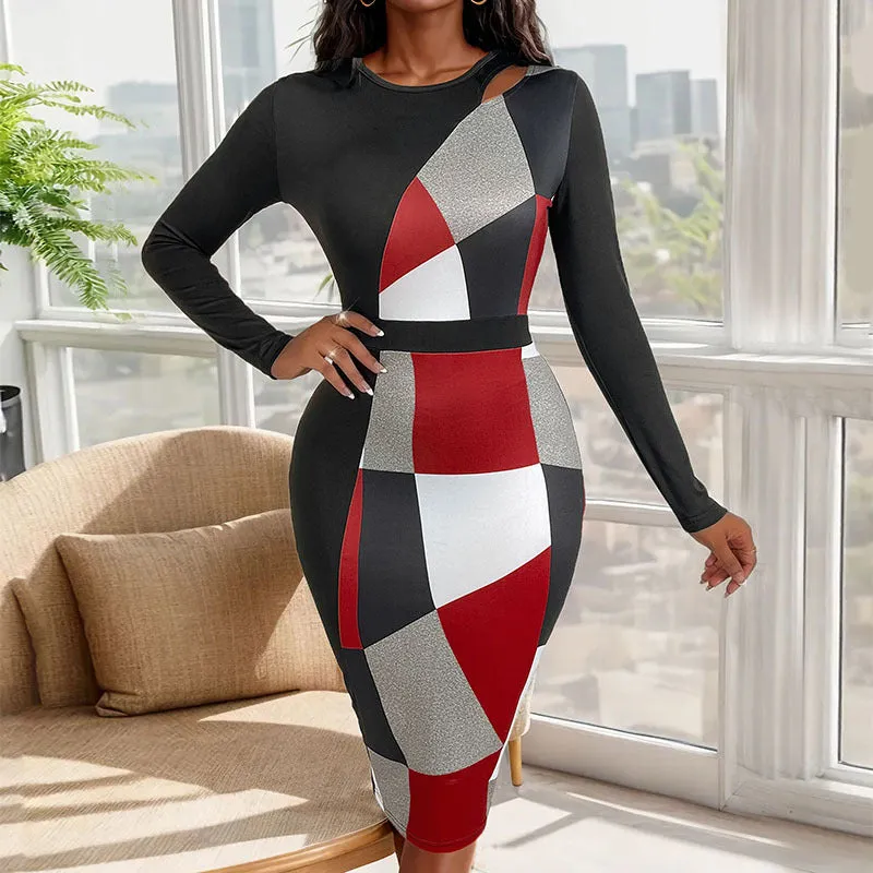 PEOPLETERRITORY New autumn slim temperament commuter dress geometric shape high waist long dress women's hip skirt