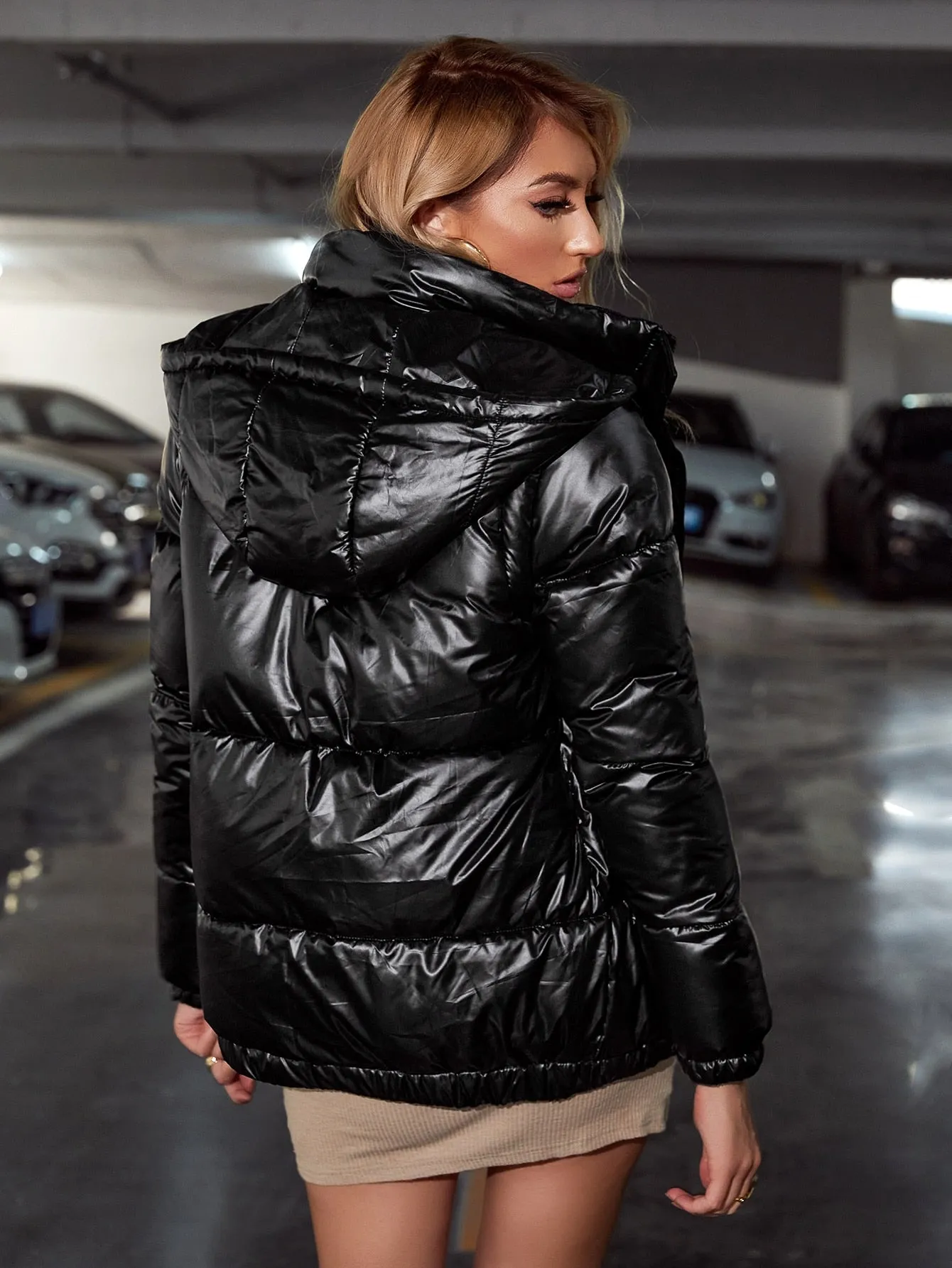 Plain Drawstring Long Sleeve Hooded Short Women Winter Coat