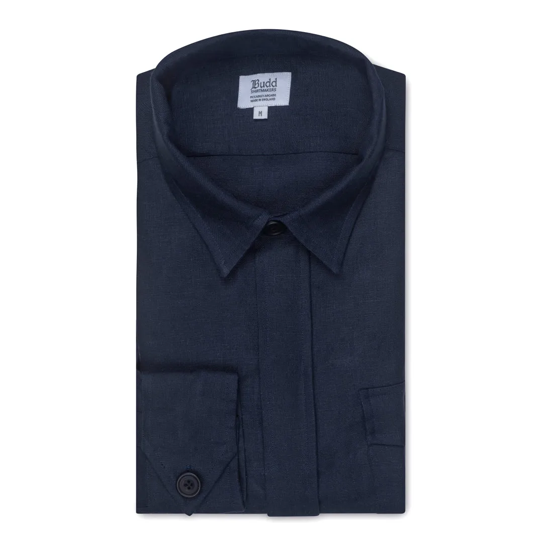 Plain Linen Button Cuff Safari Shirt in Navy