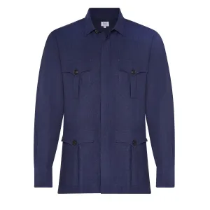 Plain Linen Button Cuff Safari Shirt in Navy