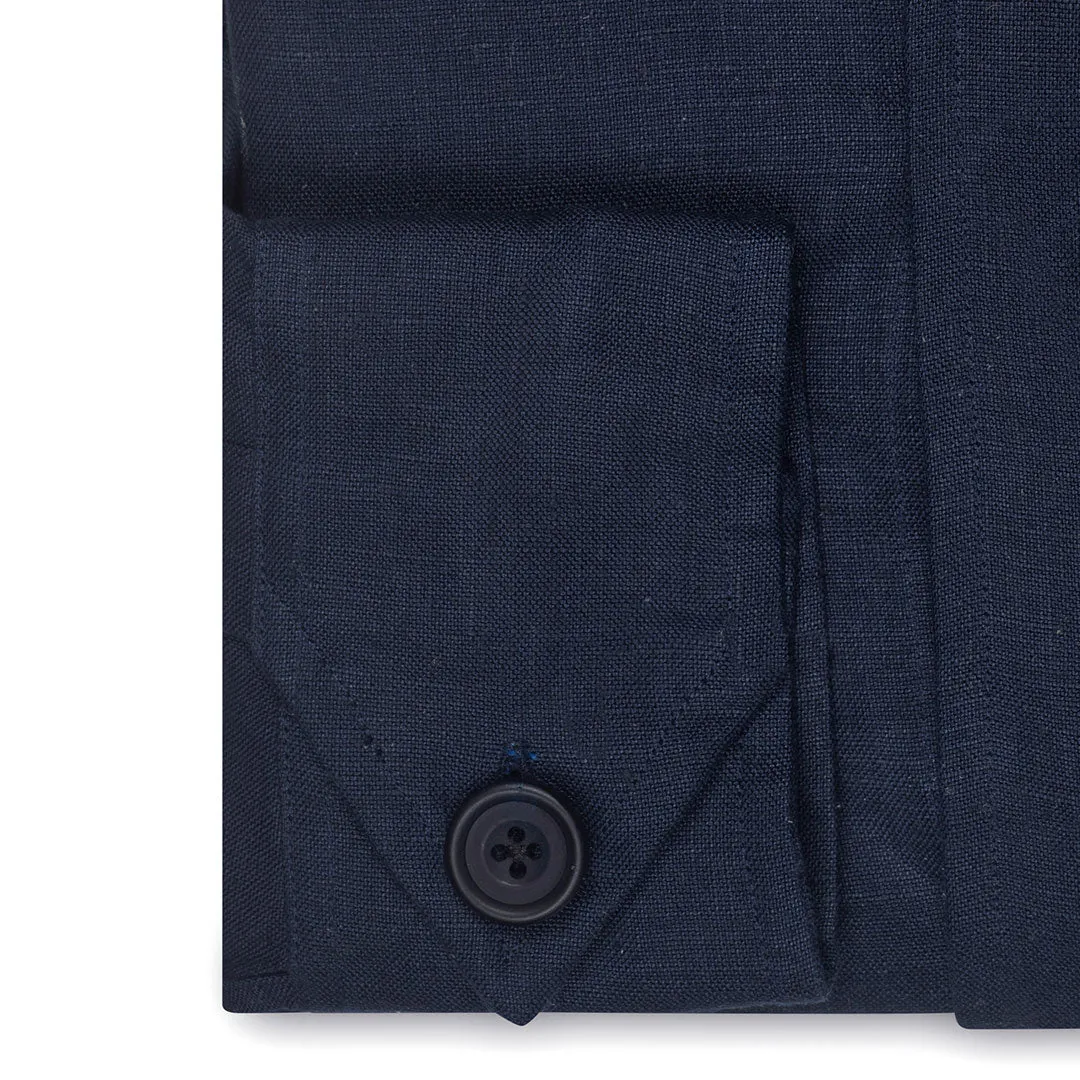 Plain Linen Button Cuff Safari Shirt in Navy