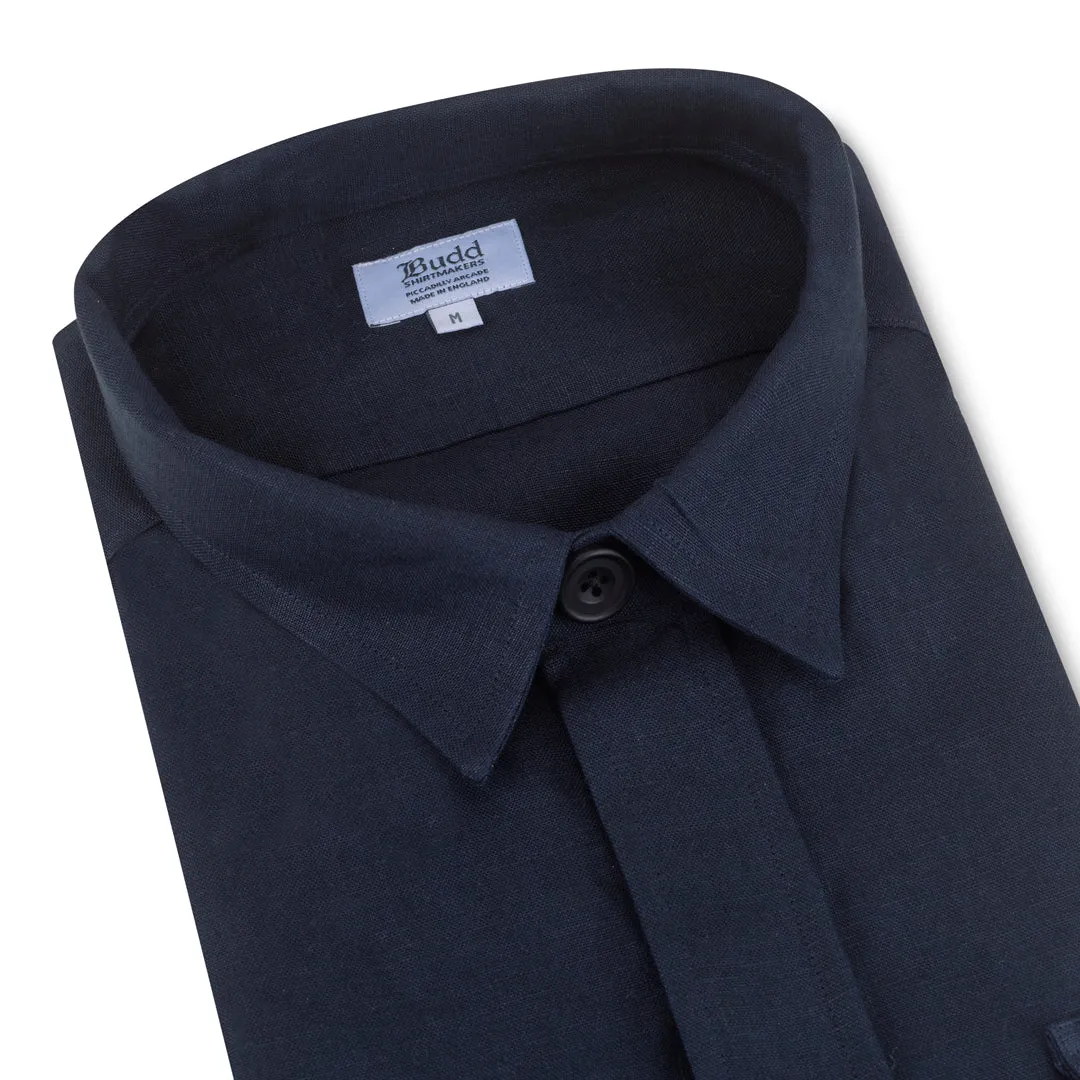 Plain Linen Button Cuff Safari Shirt in Navy