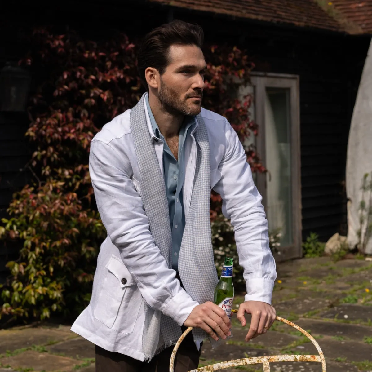 Plain Linen Button Cuff Safari Shirt in White