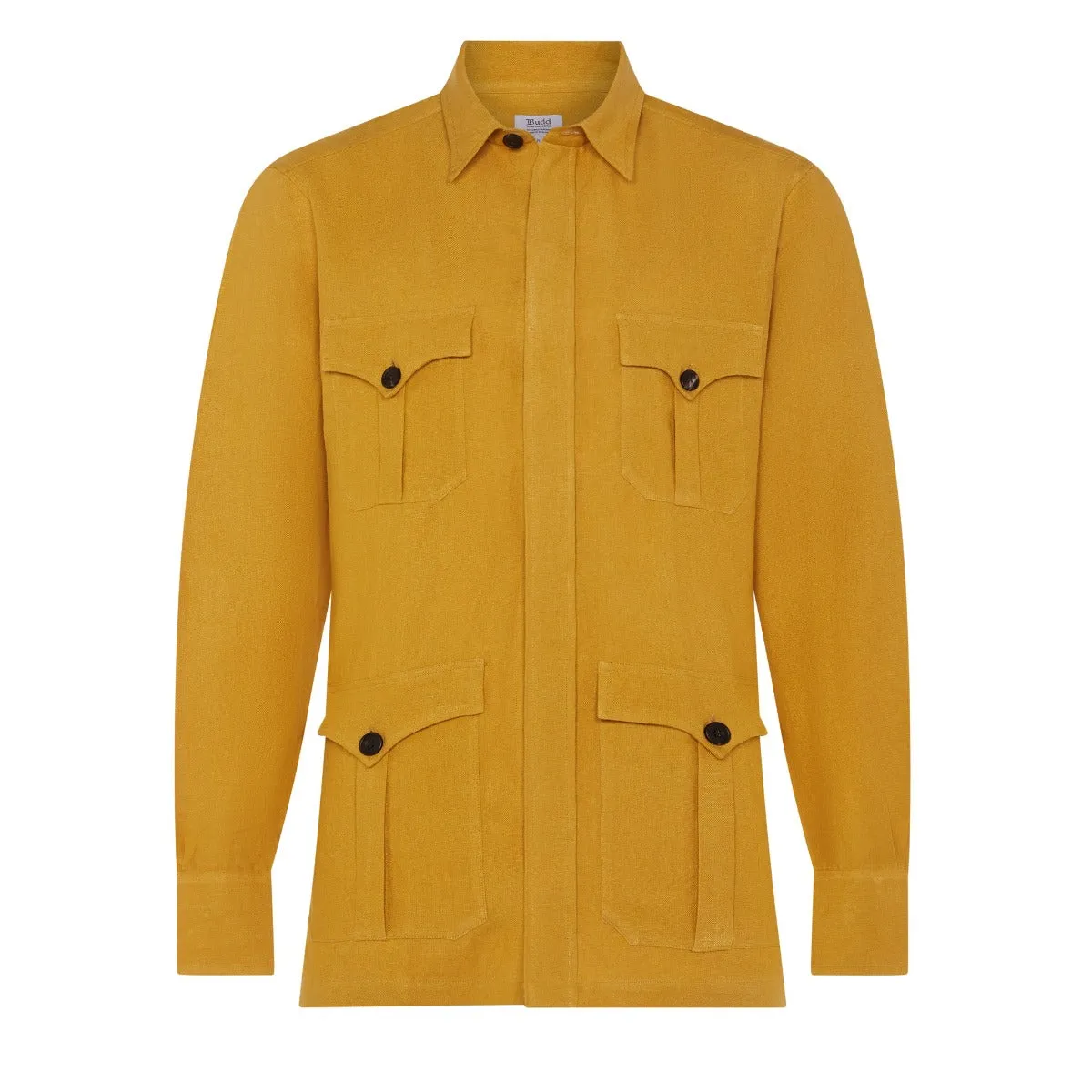 Plain Linen Button Cuff Safari Shirt in Yellow