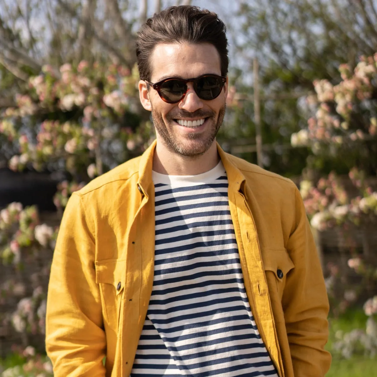 Plain Linen Button Cuff Safari Shirt in Yellow