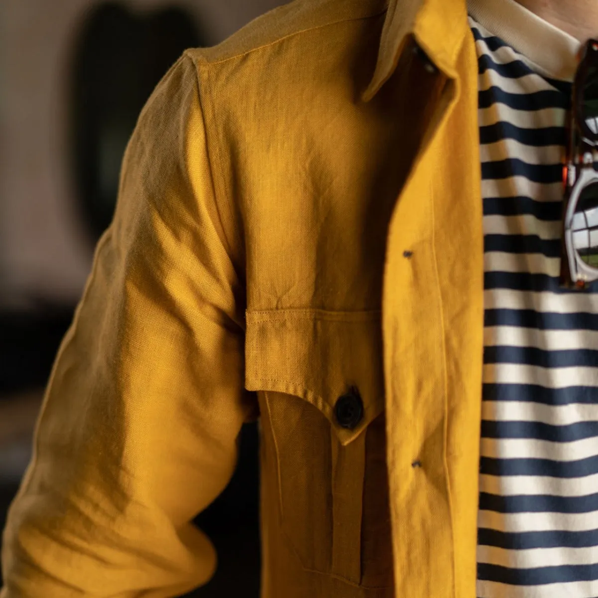 Plain Linen Button Cuff Safari Shirt in Yellow