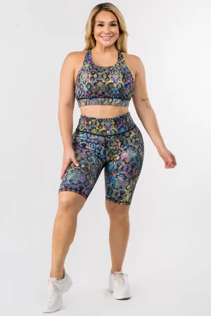 Plus Size Iridescent Snake Print Workout Biker Shorts Set