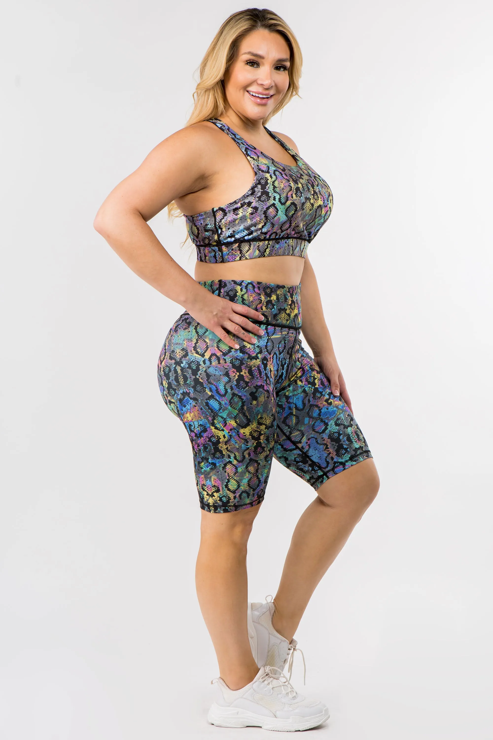Plus Size Iridescent Snake Print Workout Biker Shorts Set