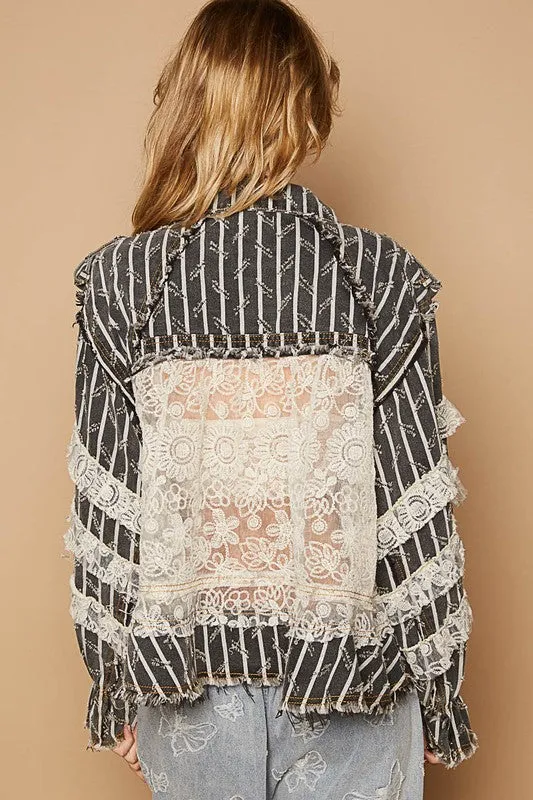 POL Black Striped Raw Hem Lace Patch Flounce Sleeve Jacket