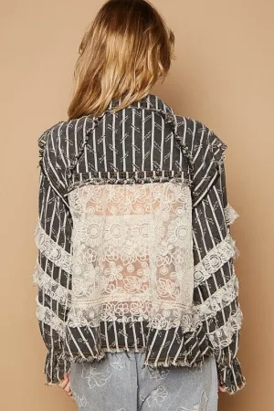 POL Black Striped Raw Hem Lace Patch Flounce Sleeve Jacket