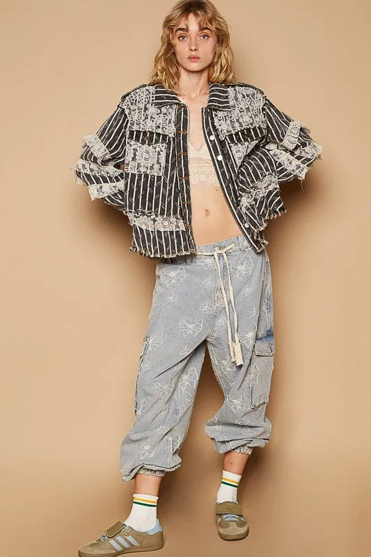 POL Black Striped Raw Hem Lace Patch Flounce Sleeve Jacket