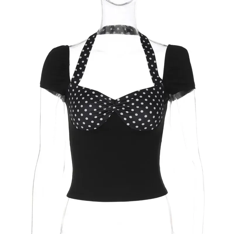 Polka Dot Splicing Black Halter Short Sleeve Crop Top
