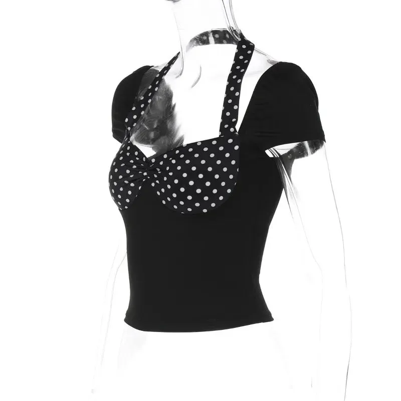 Polka Dot Splicing Black Halter Short Sleeve Crop Top