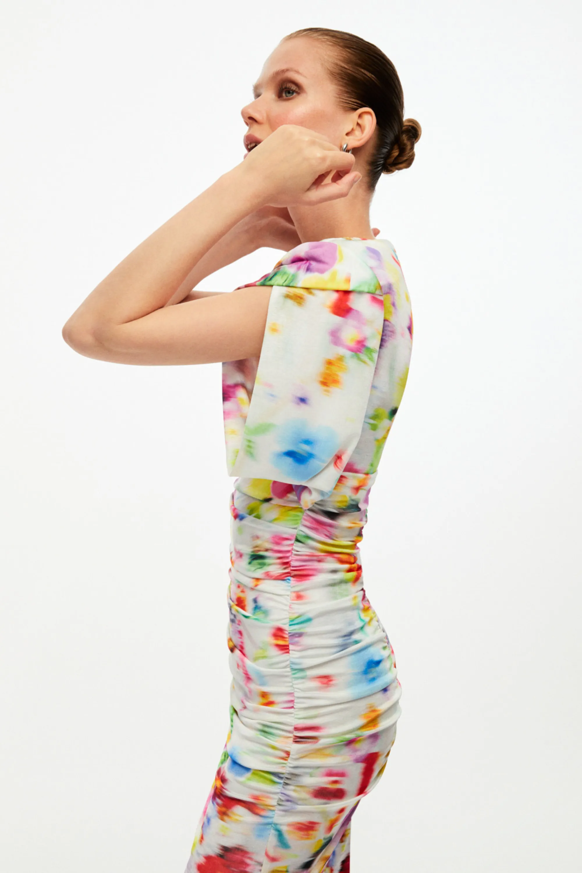 Printed Shoulder Pad Draped Dress (Final Sale)